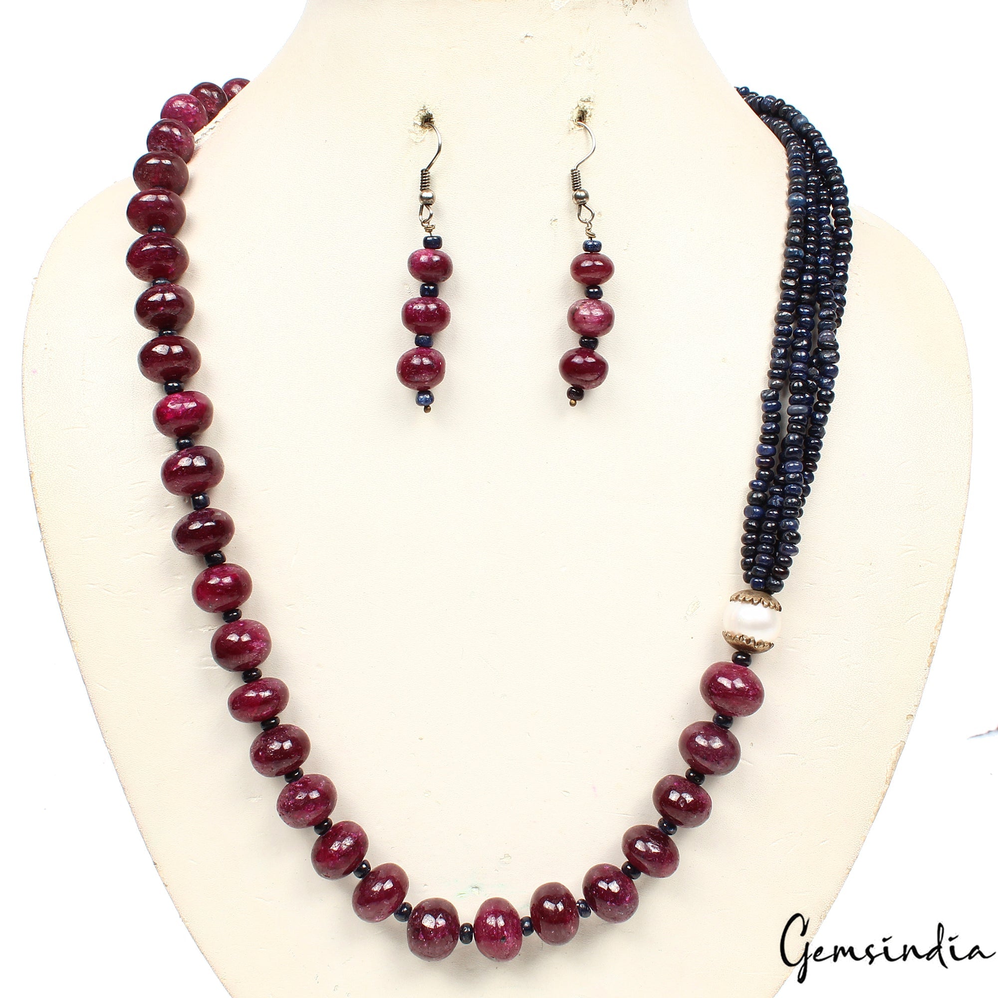 550 Cts Natural Red Ruby Blue Sapphire Round Bead Handmade Designer Jewelry Set