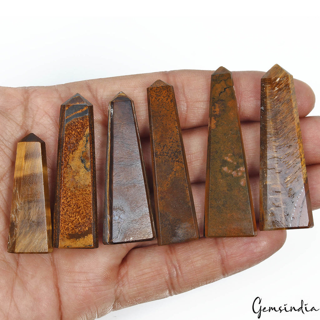230 Cts/6 Pcs Natural Tiger's Eye Obelisk Healing Crystal Gems Wand Point Tower