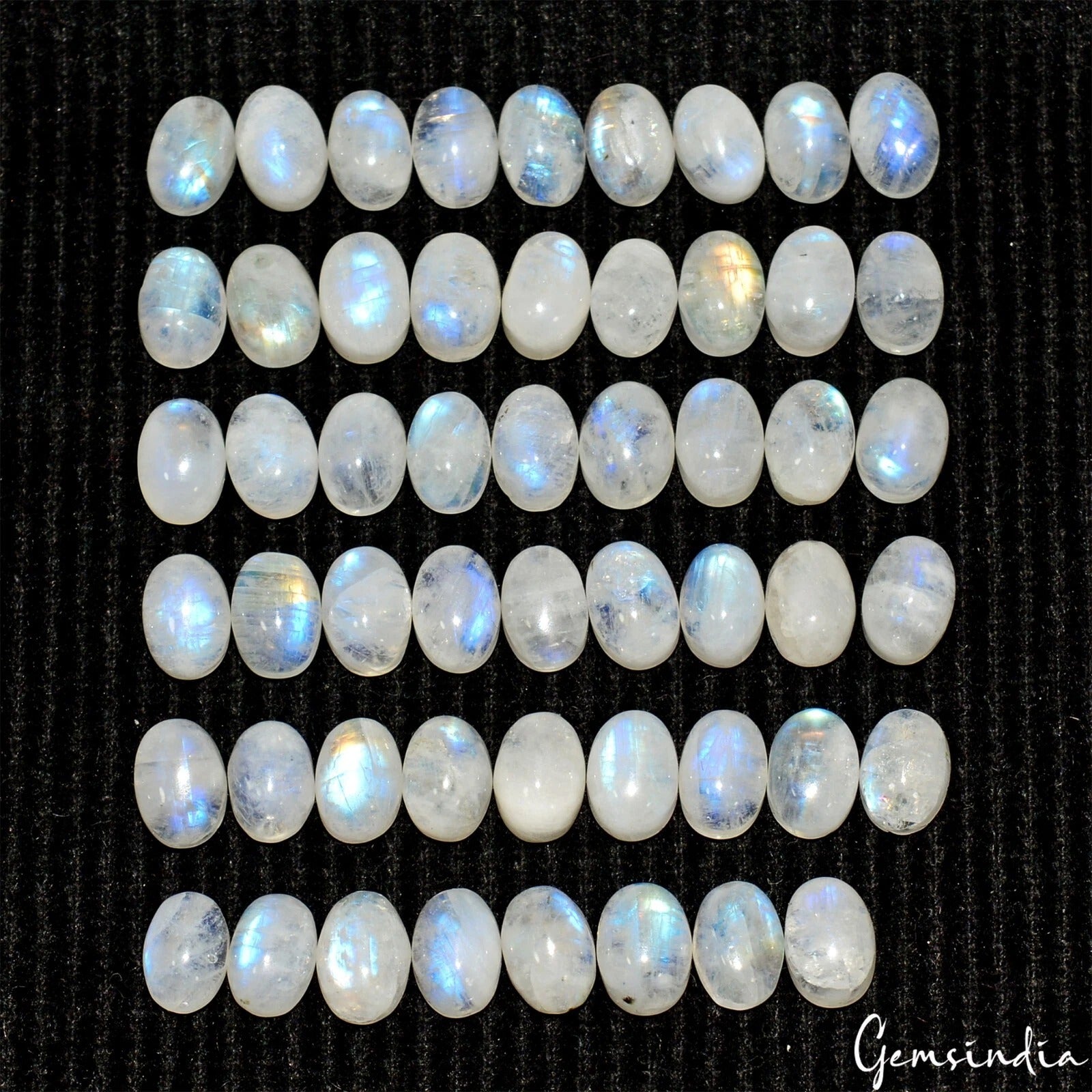 Rainbow Moonstone Lot, Cabochon, Blue — 53 Pieces, 7x5mm, 56.70 Ct, Madagascar