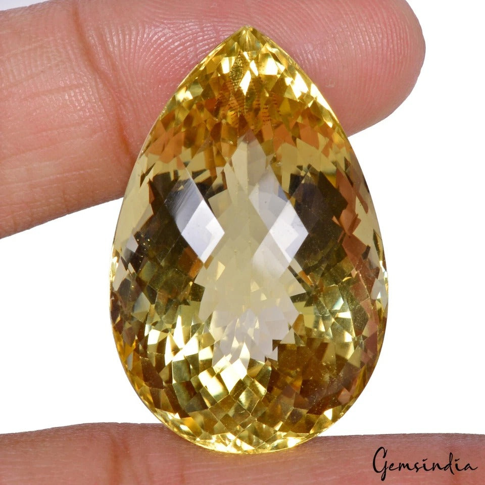 A+ 79.45 Ct Large Yellow Color Citrine Pear Checker Cut Certified Loose Gemstone