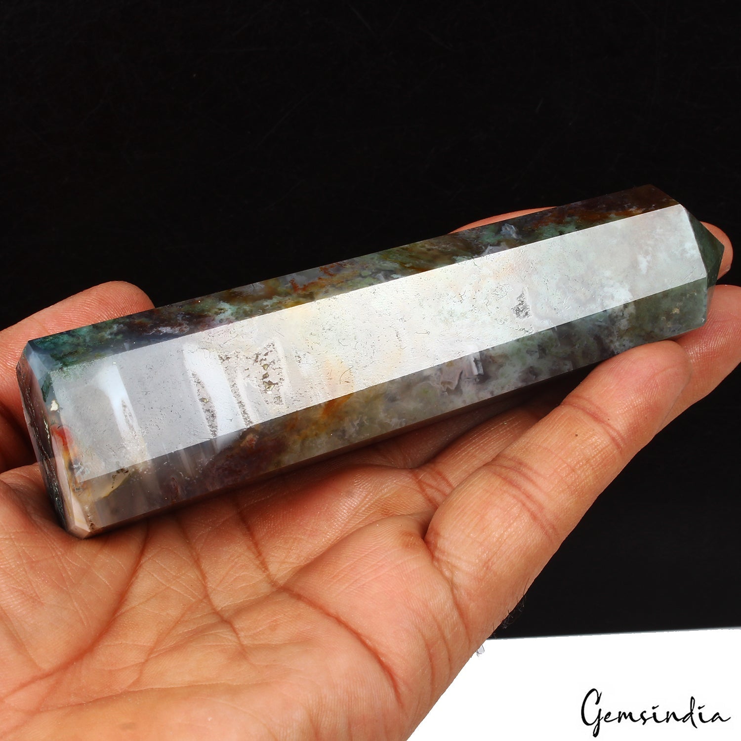 1100 Ct Natural Untreated Moss Agate Healing Crystal Obelisk Wand Point Tower