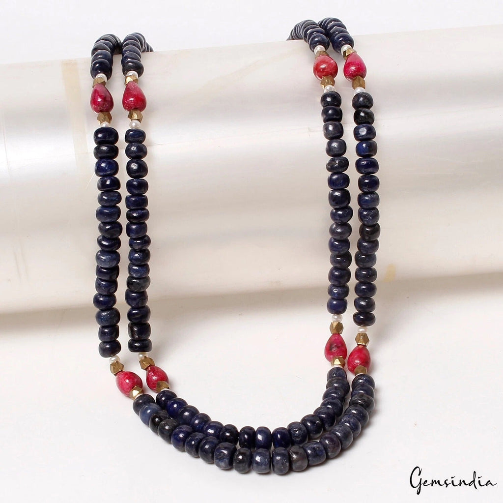 320 Ct Natural Blue Sapphire Red Ruby Gems Beads Double Strand Long Necklace 23"