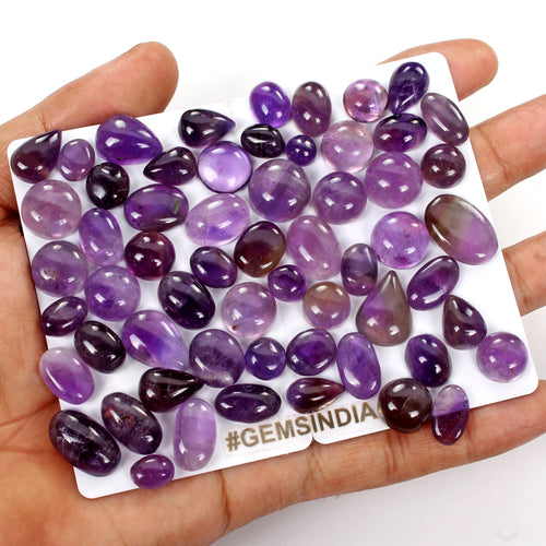 Amethyst Lot, Cabochon, Untreated, Purple — 58 Pieces, 7mm, 380 Ct, Madagascar