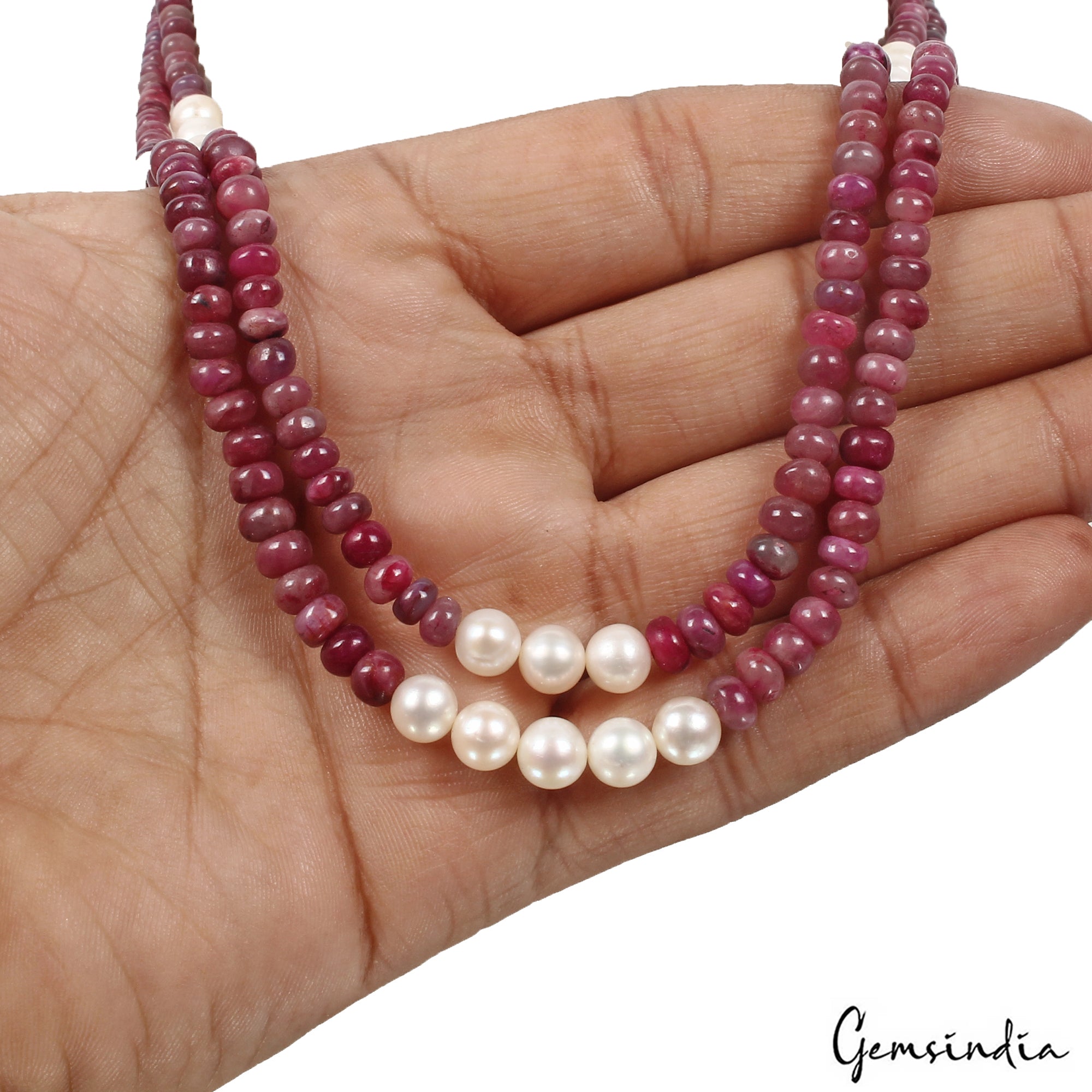 260.4 Ct Natural Red Ruby Freshwater Pearl Beaded Handmade Designer Necklace 20"