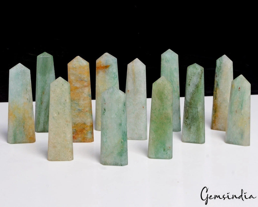 550 Cts/12 pcs Natural Green Aventurine Quartz Obelisk Crystal Wand Point Gems
