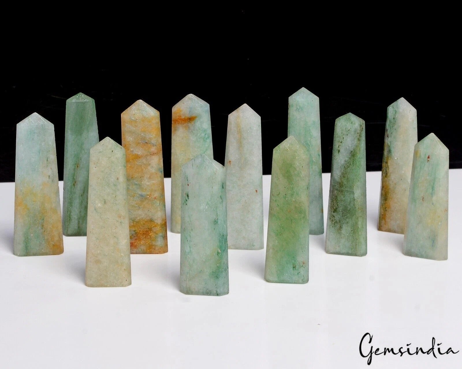 550 Cts/12 pcs Natural Green Aventurine Quartz Obelisk Crystal Wand Point Gems