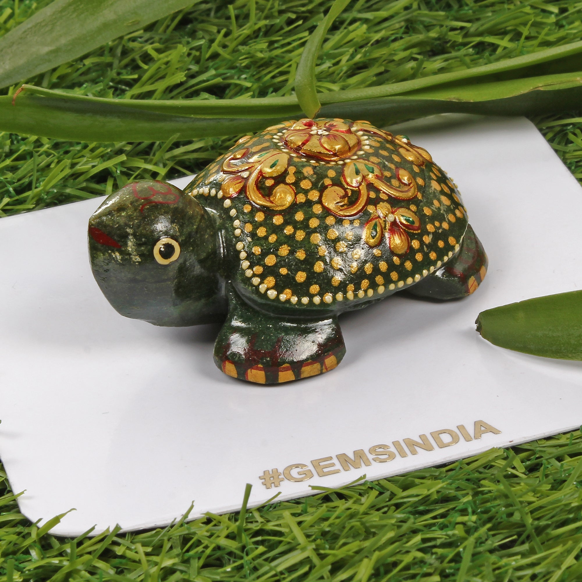 470 Cts Natural Untreated Green Golden Paint Aventurine Turtle Carved Sculpture