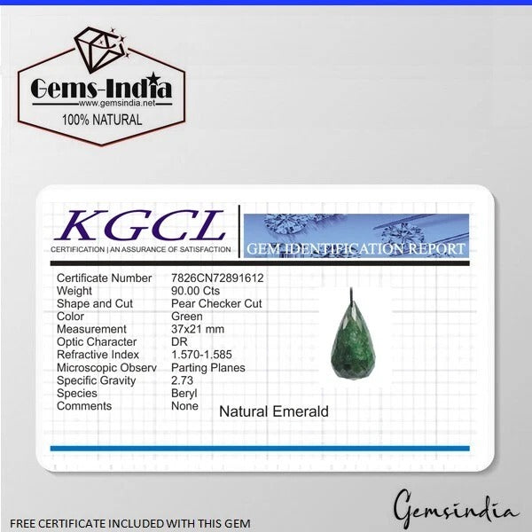 Certified 90 Ct Natural Brazilian Green Emerald Pear Faceted Drill Briolette Gem