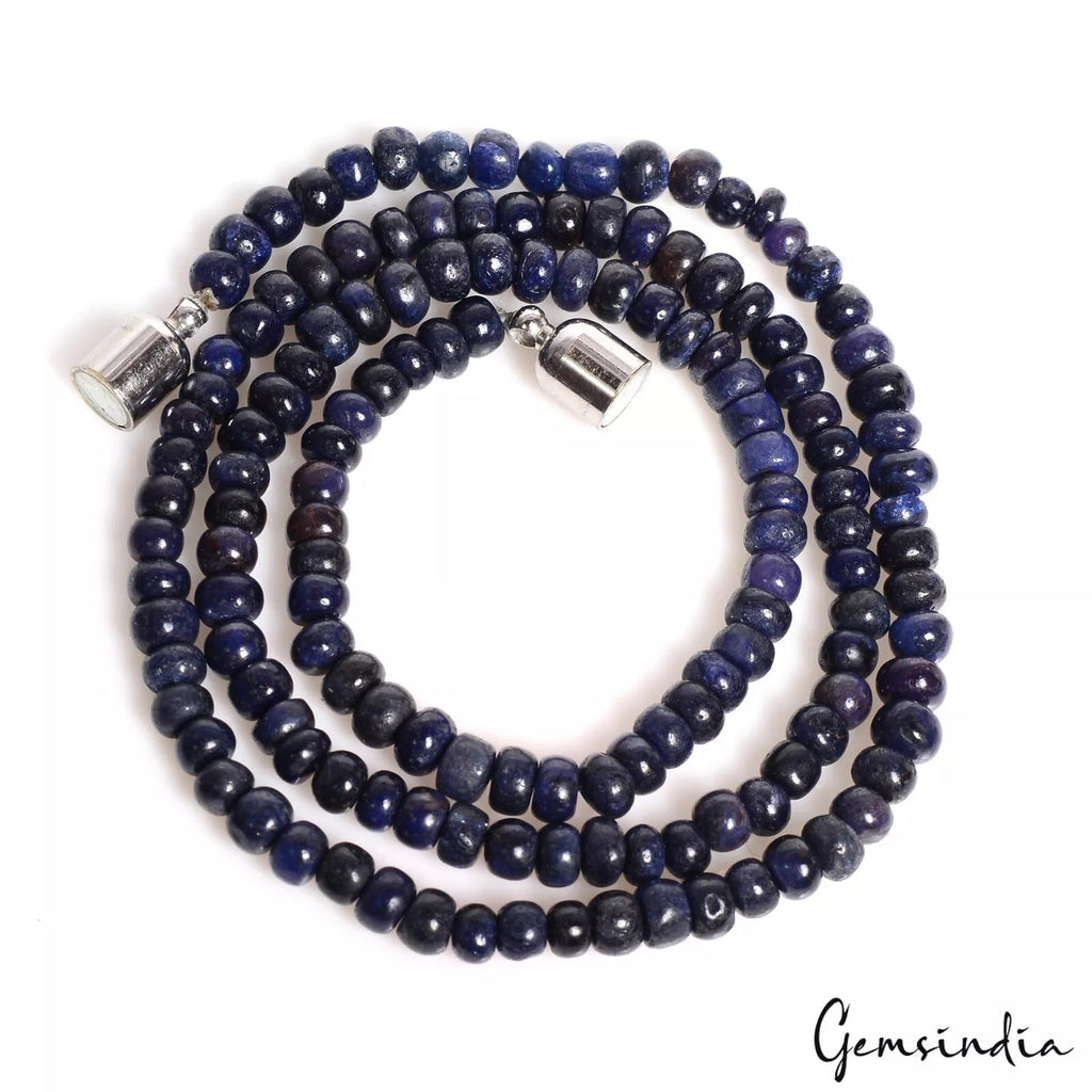 Single Line Natural Sapphire Round Cabochon Beaded Handmade Women Necklace~ 18"
