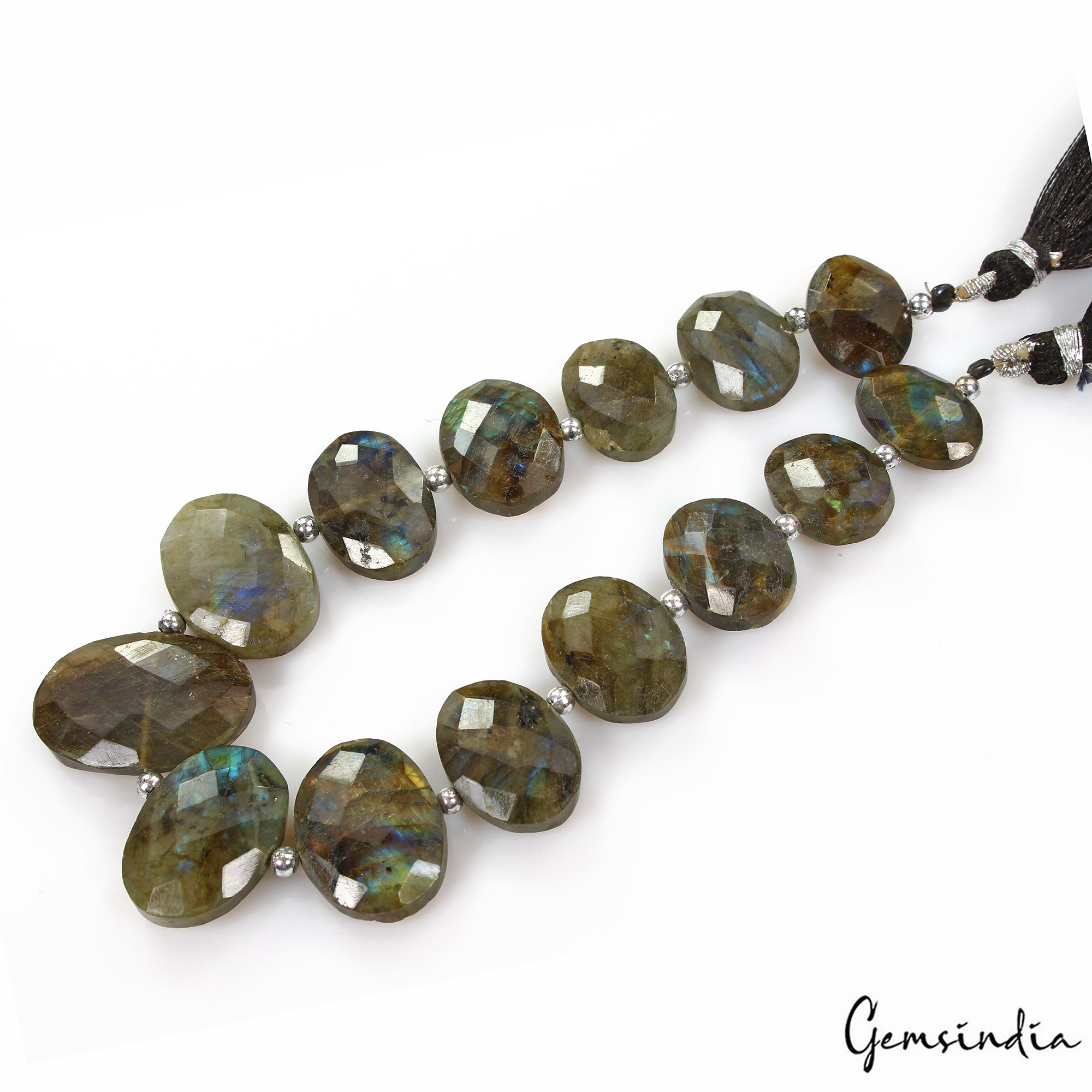 200 Ct/14 Pcs Natural Multi Shine Labradorite Gem Oval Cut Drill Beads Strand 9"