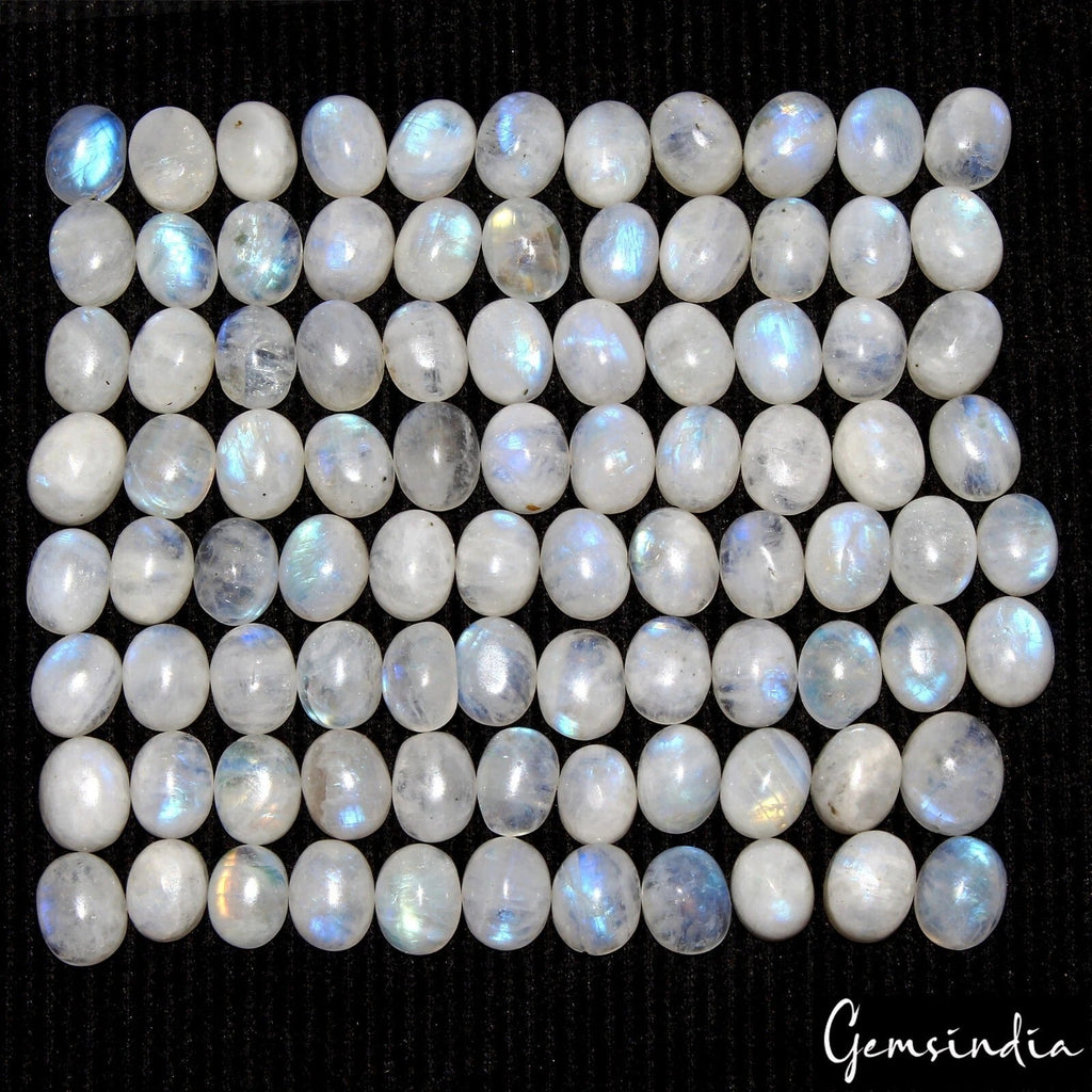 90 Pcs Natural Rainbow Moonstone Cabochon Blue Flashy Oval Gemstones 269.50 Cts
