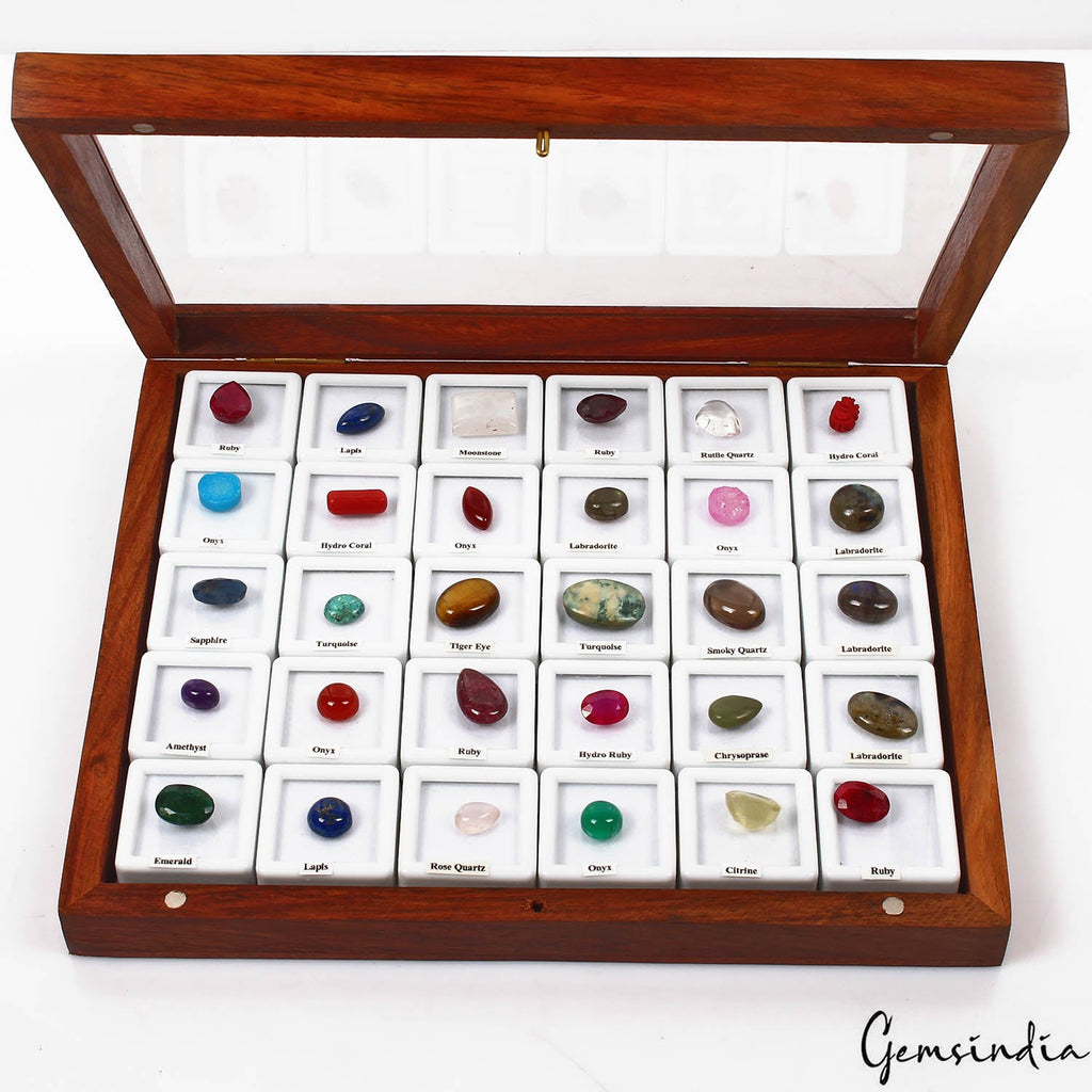 30Pcs Estate Genuine Semi Precious Loose Multi Color Gems Collection+Wooden Box