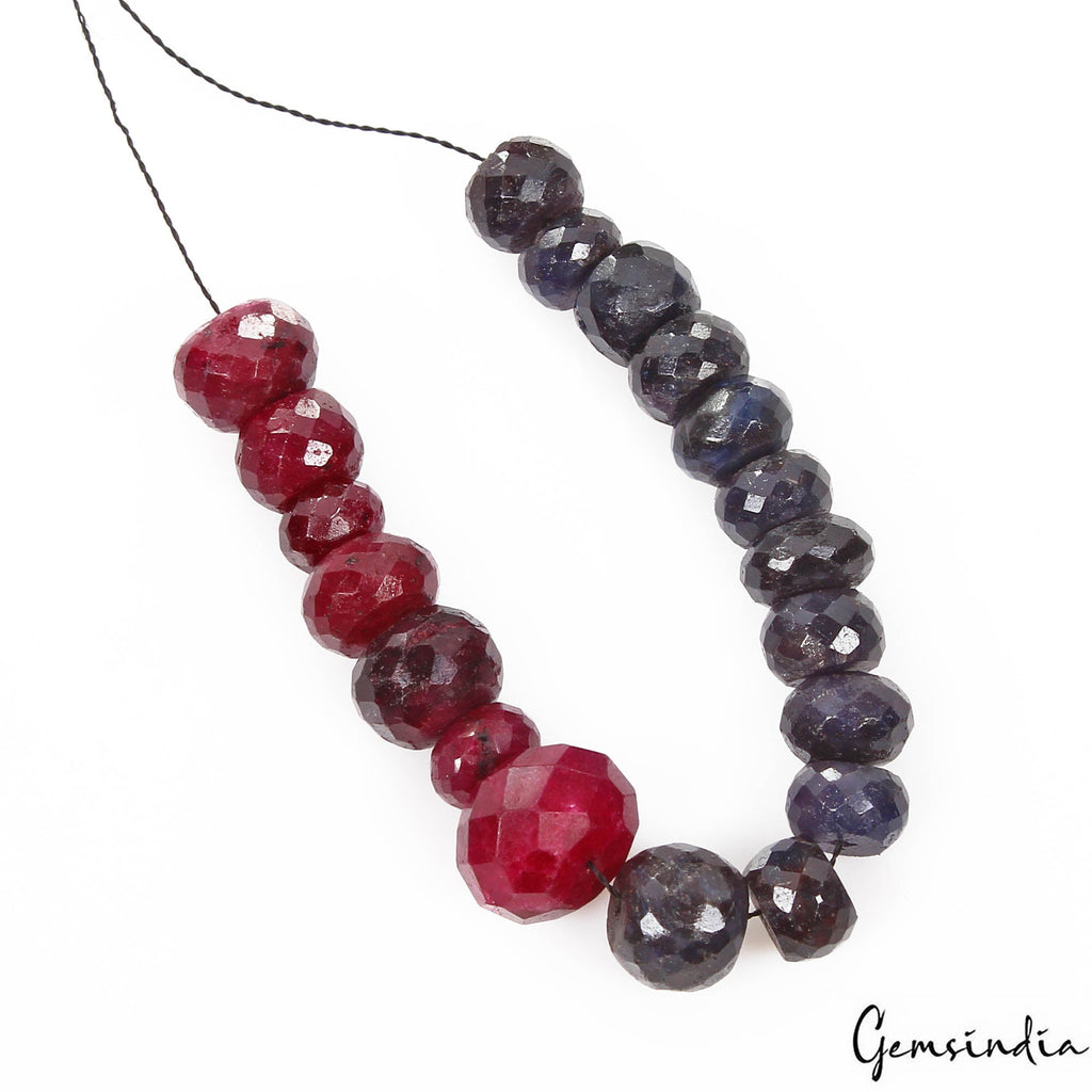 131.60 Ct/19Pcs Natural Red Ruby Blue Sapphire Round Checker Cut Drill Bead Gems