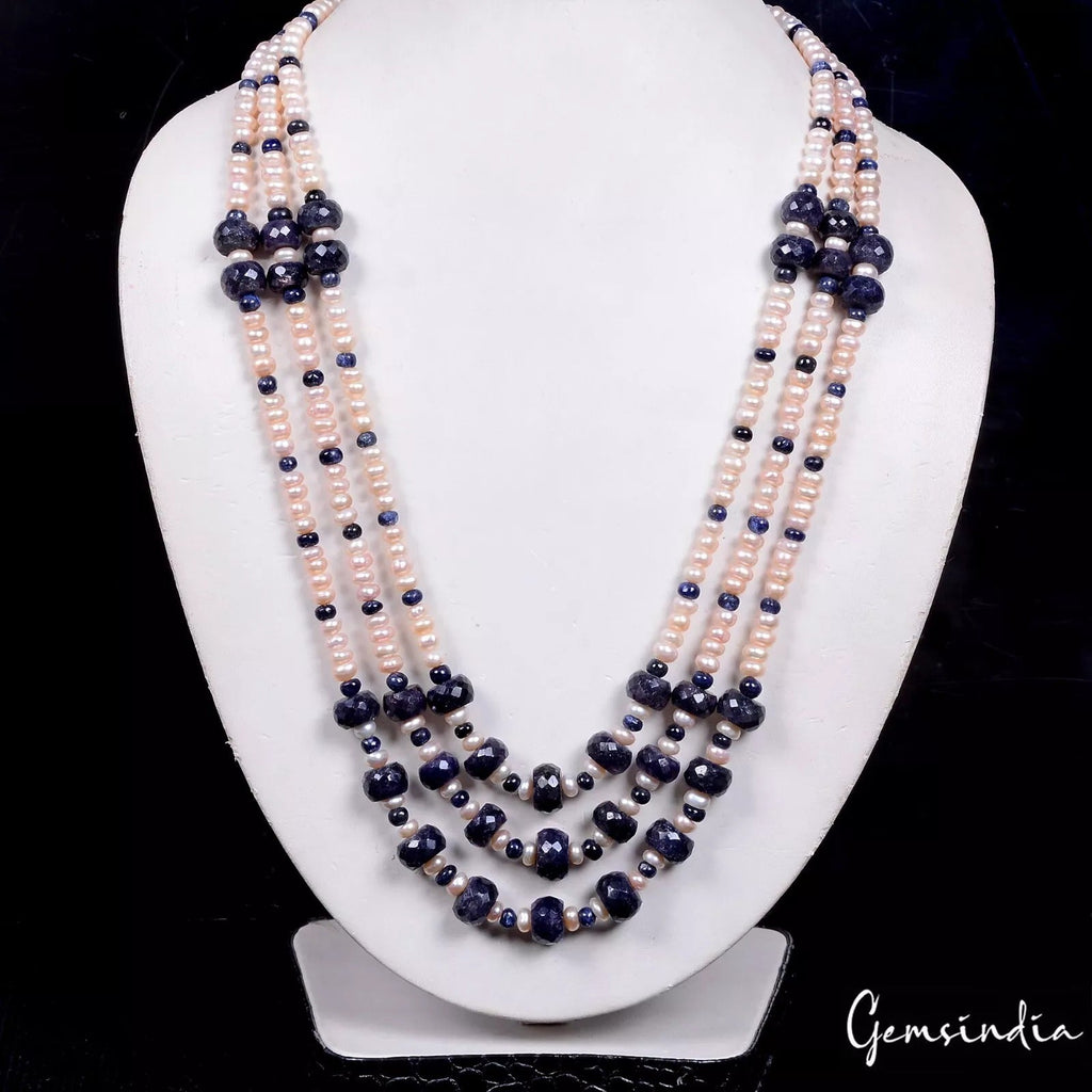 530 Ct Natural Blue Sapphire & Peach Pearl Beaded Handmade 3 Strand Necklace 22"