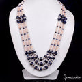 530 Ct Natural Blue Sapphire & Peach Pearl Beaded Handmade 3 Strand Necklace 22"