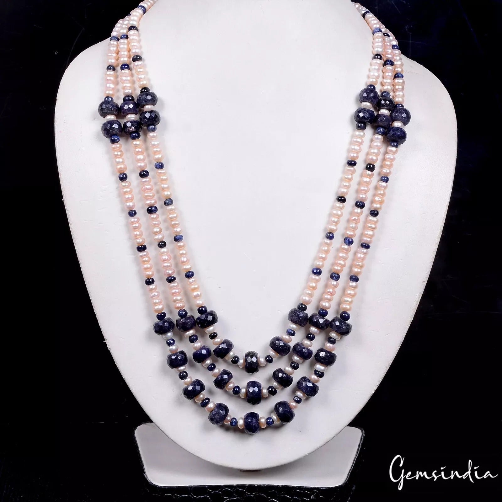 530 Ct Natural Blue Sapphire & Peach Pearl Beaded Handmade 3 Strand Necklace 22"