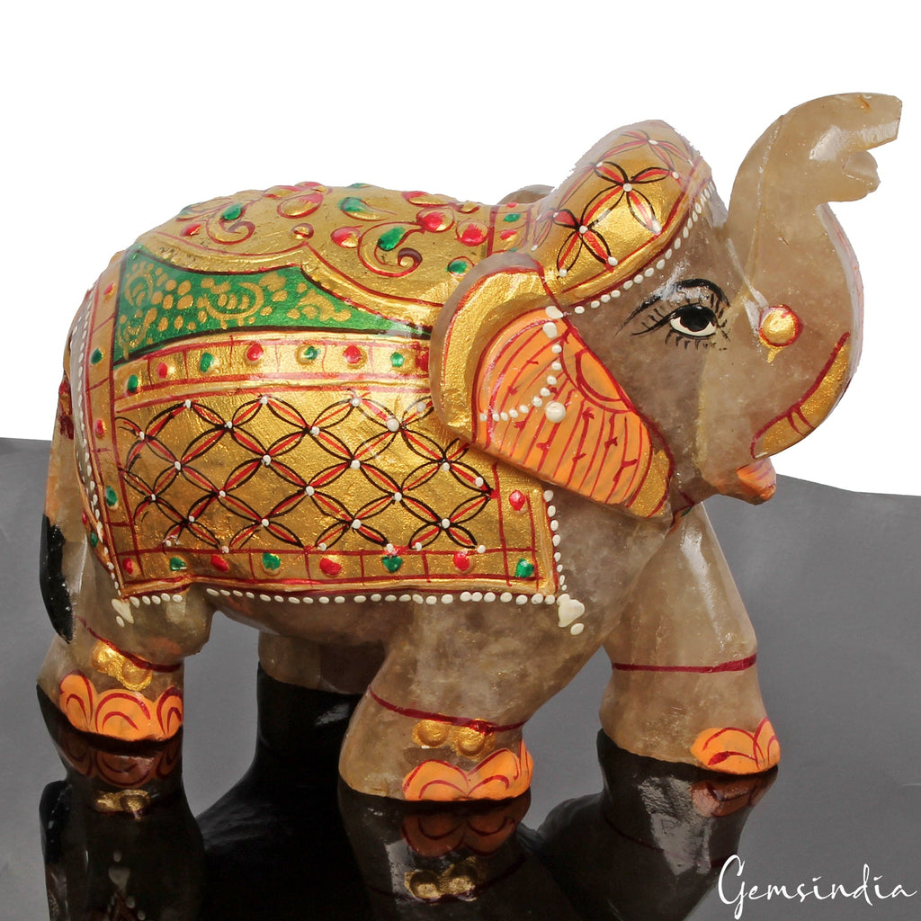 2550 Cts Natural Aventurine Gemstone Hand Crafted Gold Painted Elephant Statue