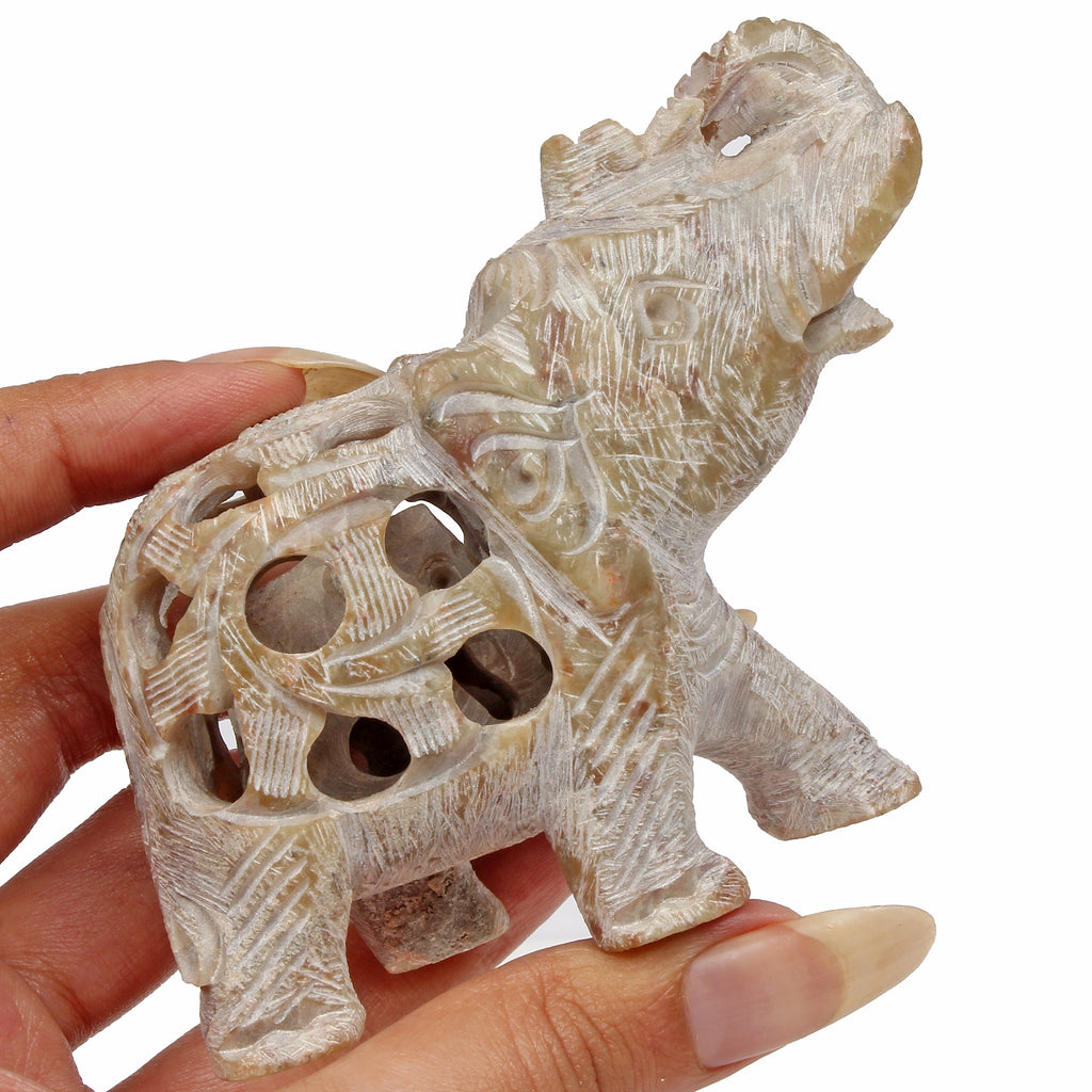 1050 Ct Soapstone Carved Elephant - Baby Inside Mother's Tummy Sculpture/Statue