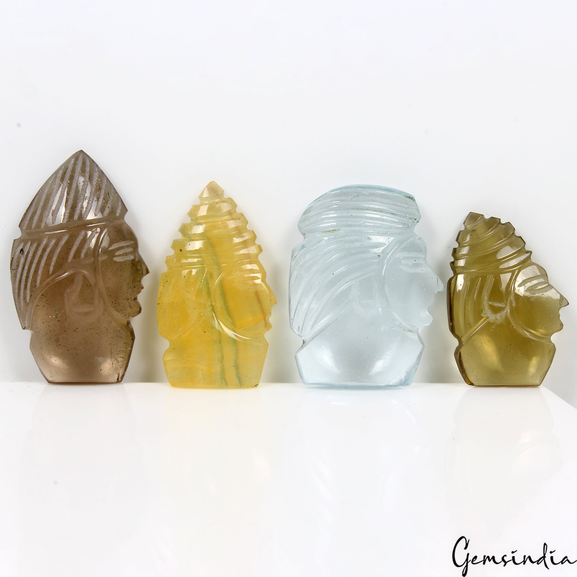 280 Ct/4Pcs Natural Fluorite Gemstones Warrior Head Pocket Size Carved Sculpture