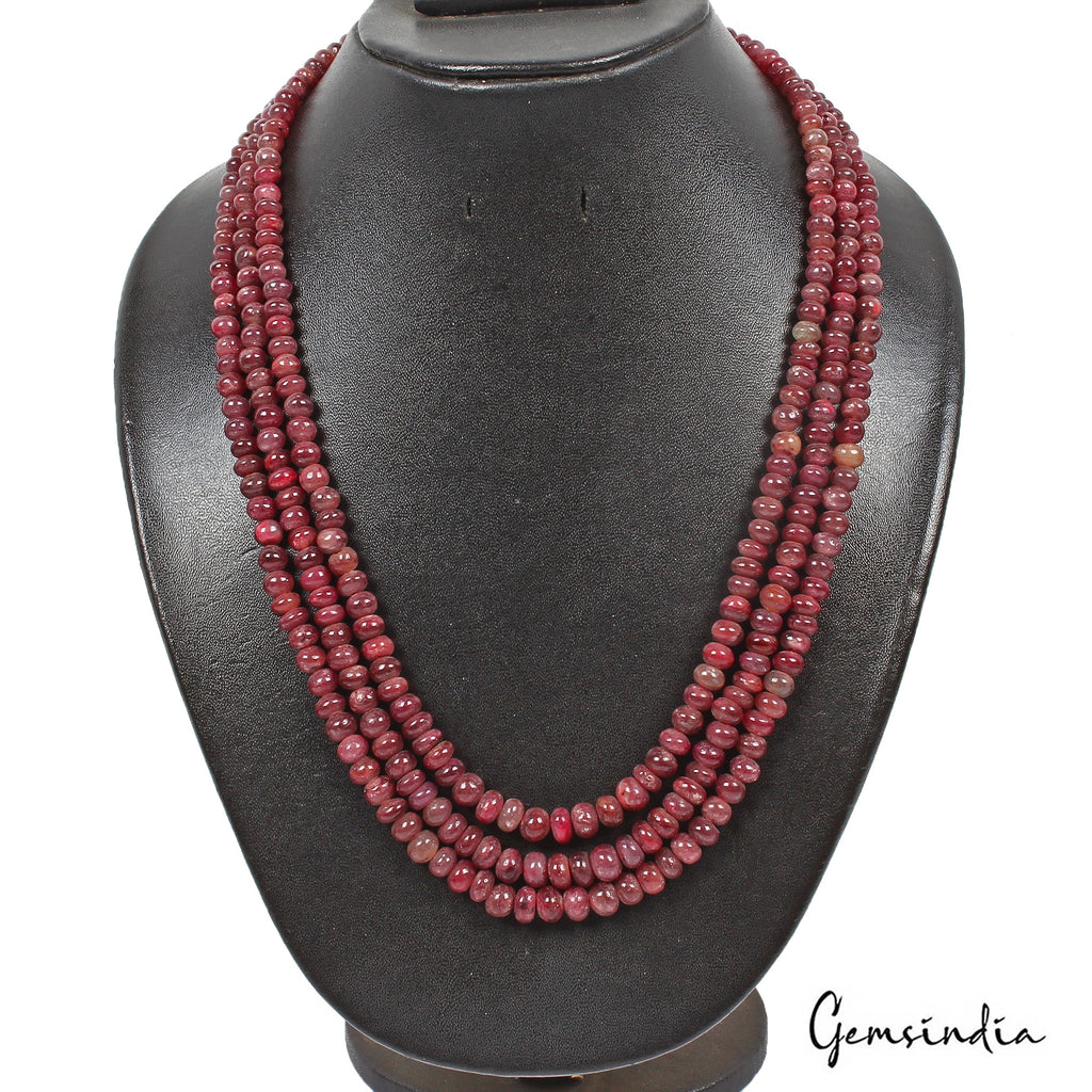 660 Cts Natural Red Ruby Round Cab Beaded Handmade 3 Strand Adjustable Necklace
