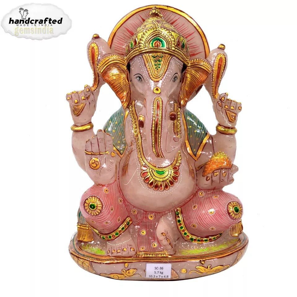 5.7Kg Natural Pink w Golden Paint Rose Quartz Singlestone Lord Ganesha Sculpture