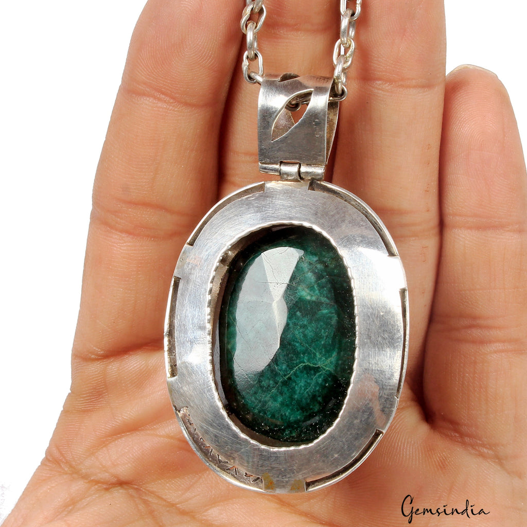 38.87 Gms Certified Natural Emerald Huge 925 Sterling Silver Exquisite Pendant