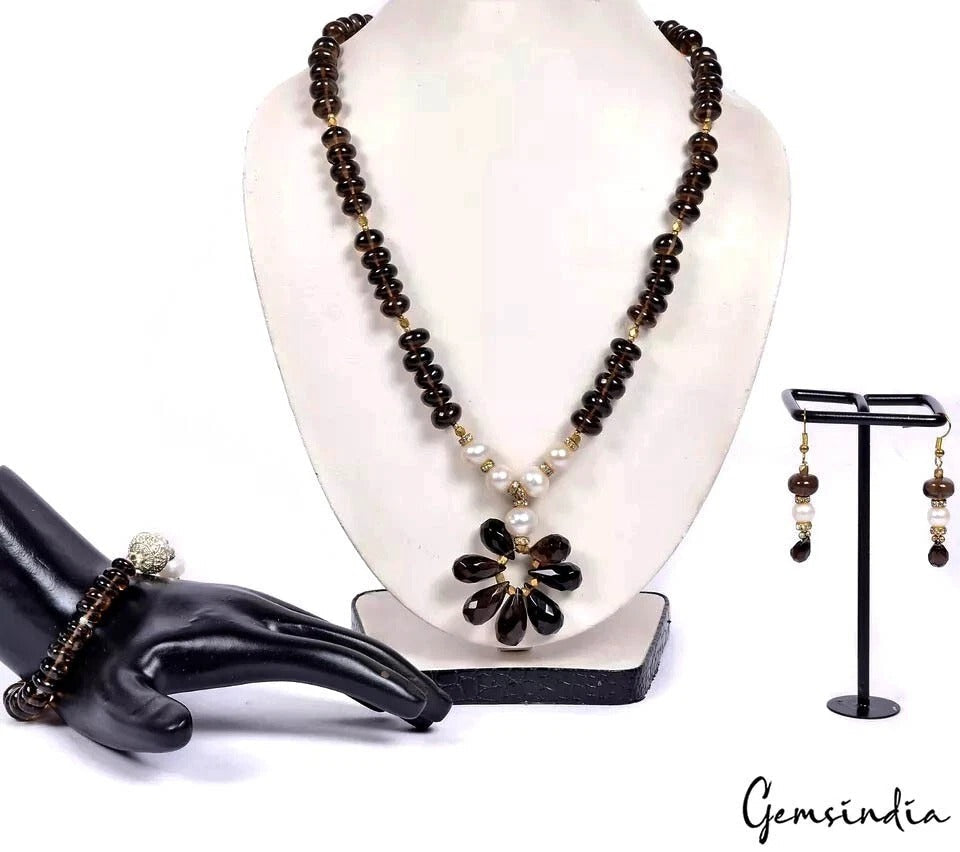 624 Cts Natural Brown Smoky Quartz Pearl Bead Handmade Necklace Bracelet Earring
