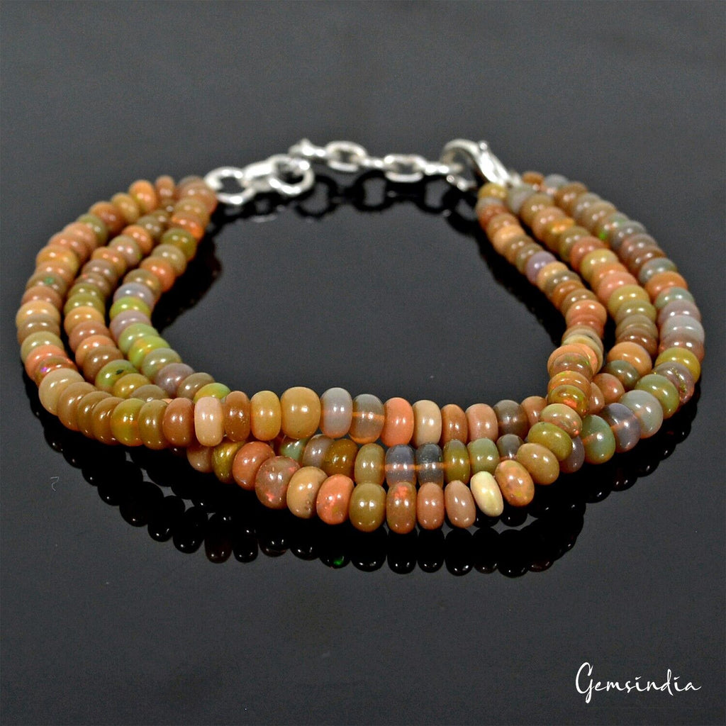 59+Cts Natural Ethiopian Multi Color Opal Gem Round Beads 3 Strand Bracelet-7.5"