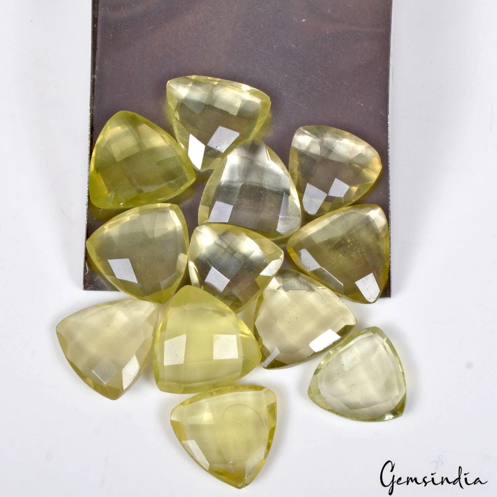 Natural Lemon Quartz Citrine - 12 Pc Lot- Trillion Cut Faceted Yellow Gemstones