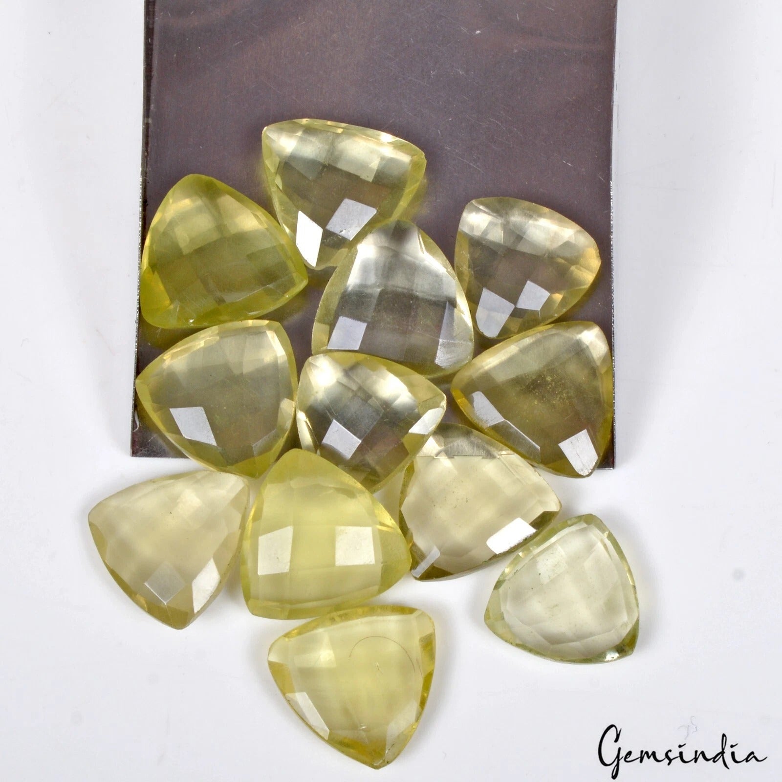 Natural Lemon Quartz Citrine - 12 Pc Lot- Trillion Cut Faceted Yellow Gemstones