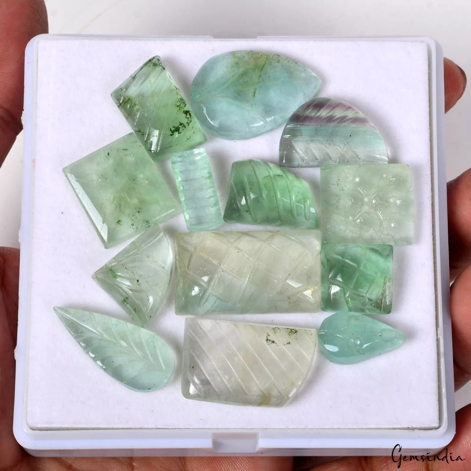 281+Cts/13 Pcs Natural Untreated Green Fluorite Hand Carved Gems Lot For Jewelry