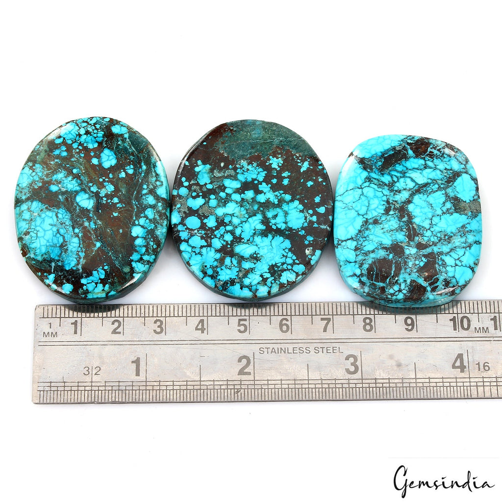 350 Ct/3 Pcs Natural Spiderweb Blue Turquoise Oval Cabochon Loose Gemstone Lot