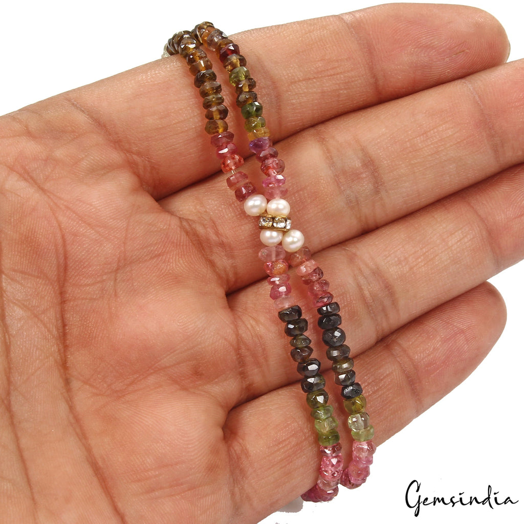 45.60 Cts Natural Multi Color Tourmaline Pearl Round Beaded Stretchable Bracelet