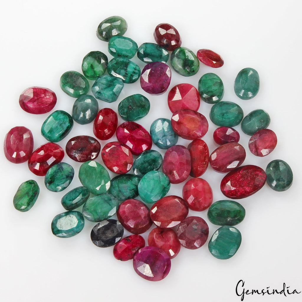 270 Cts/53 Pcs Natural Red Ruby Green Emerald Oval Cut Loose Certified Gemstones