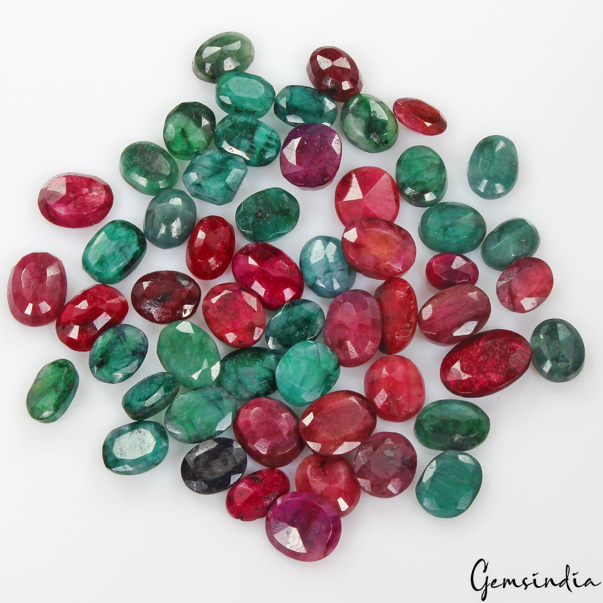 270 Cts/53 Pcs Natural Red Ruby Green Emerald Oval Cut Loose Certified Gemstones