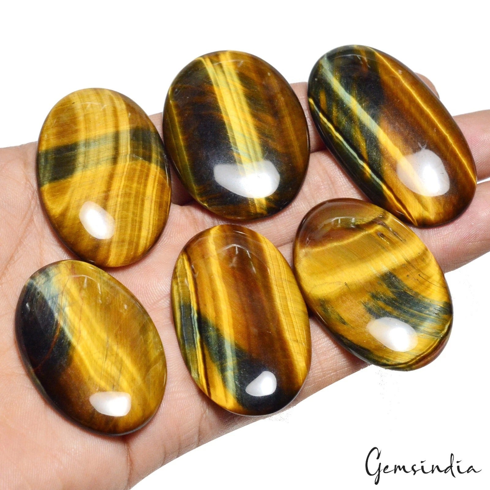 Tiger Eye Lot, Cabochon, Oval Cabochon, Blue — 6 Pieces, 42mm to 50mm, 400 Ct