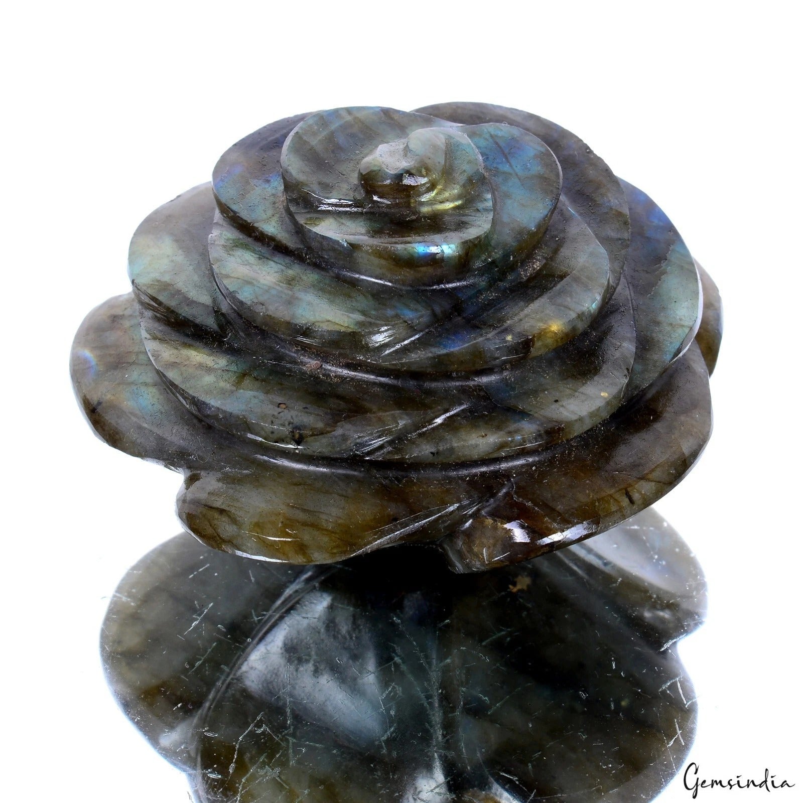 690 Cts Natural Yellow Blue Labradorite Rose Cut Flower Carving Loose Rare Gem