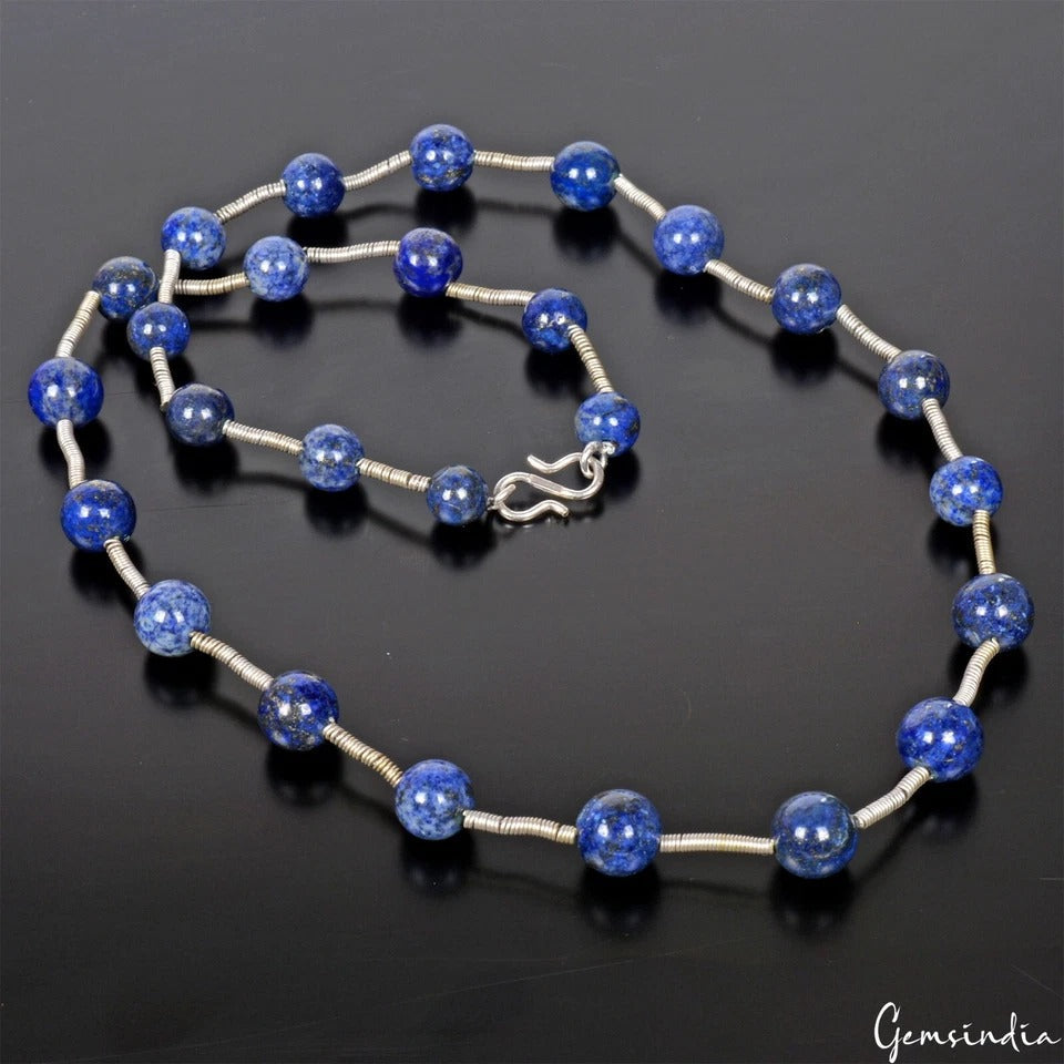 197.10 Ct Natural Blue Lapis Lazuli Round Cab Beaded Single Strand Necklace 20in