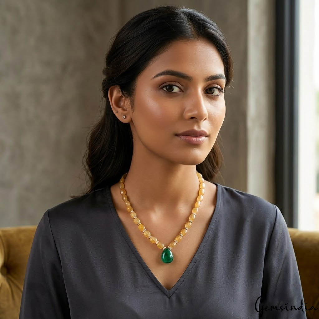 Quartz Necklace, Yellow — 20 ", 149.80 Ct, Madagascar
