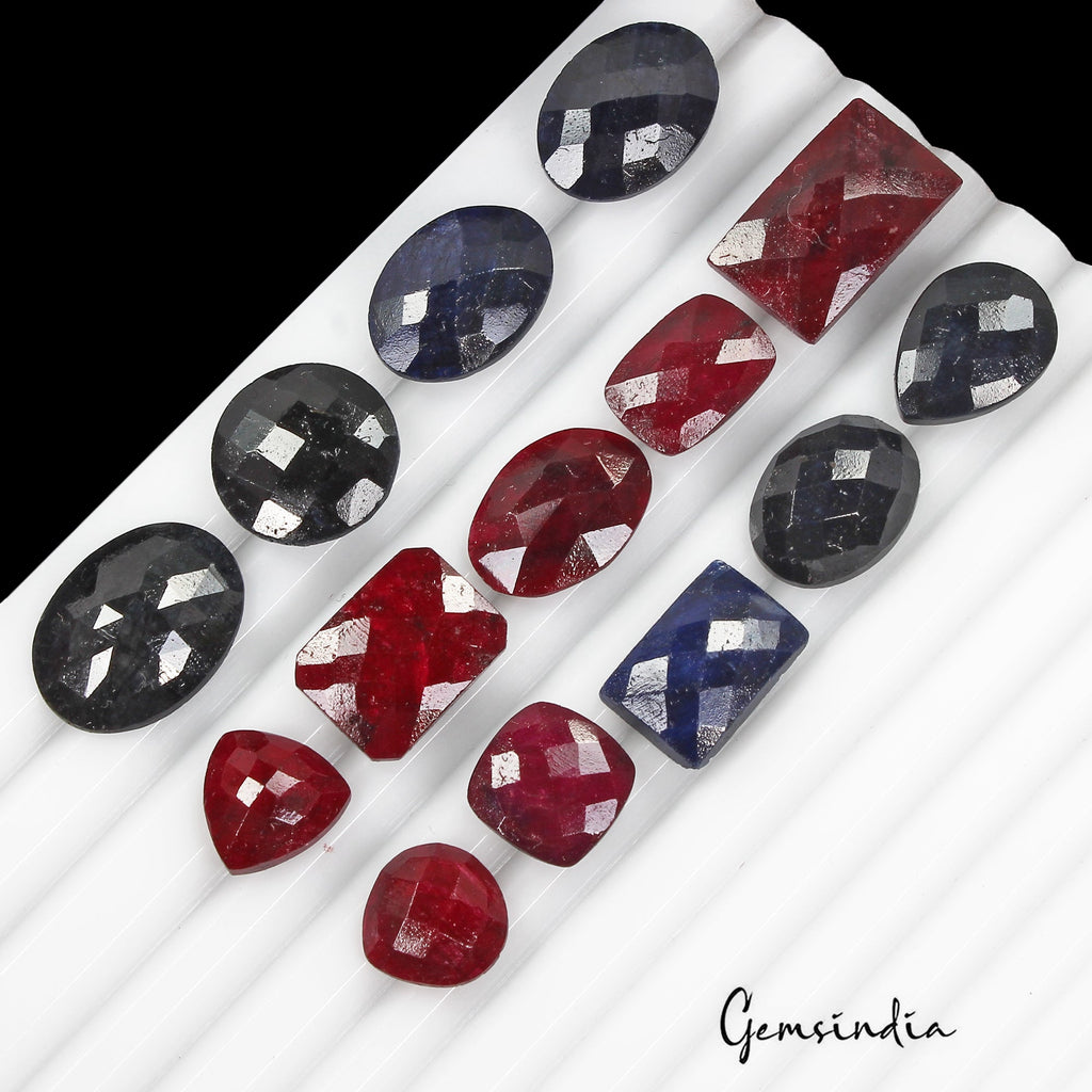 Certified 157.20 Cts/14 Pcs Natural Red Ruby Blue Sapphire Mix Checker Cut Gems