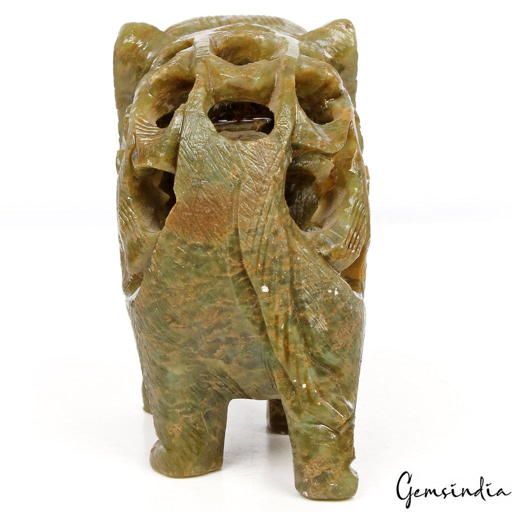 680 Cts Soapstone Trunk Up Elephant Statue Animal~ Baby inside Tummy Sculpture