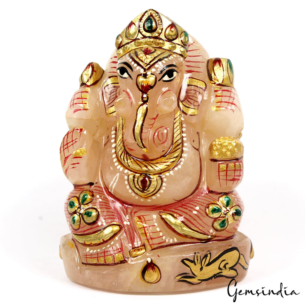 880 Cts Idol Statue Ganesha Natural Rose Quartz Stone God Hand Painted 2.7 in