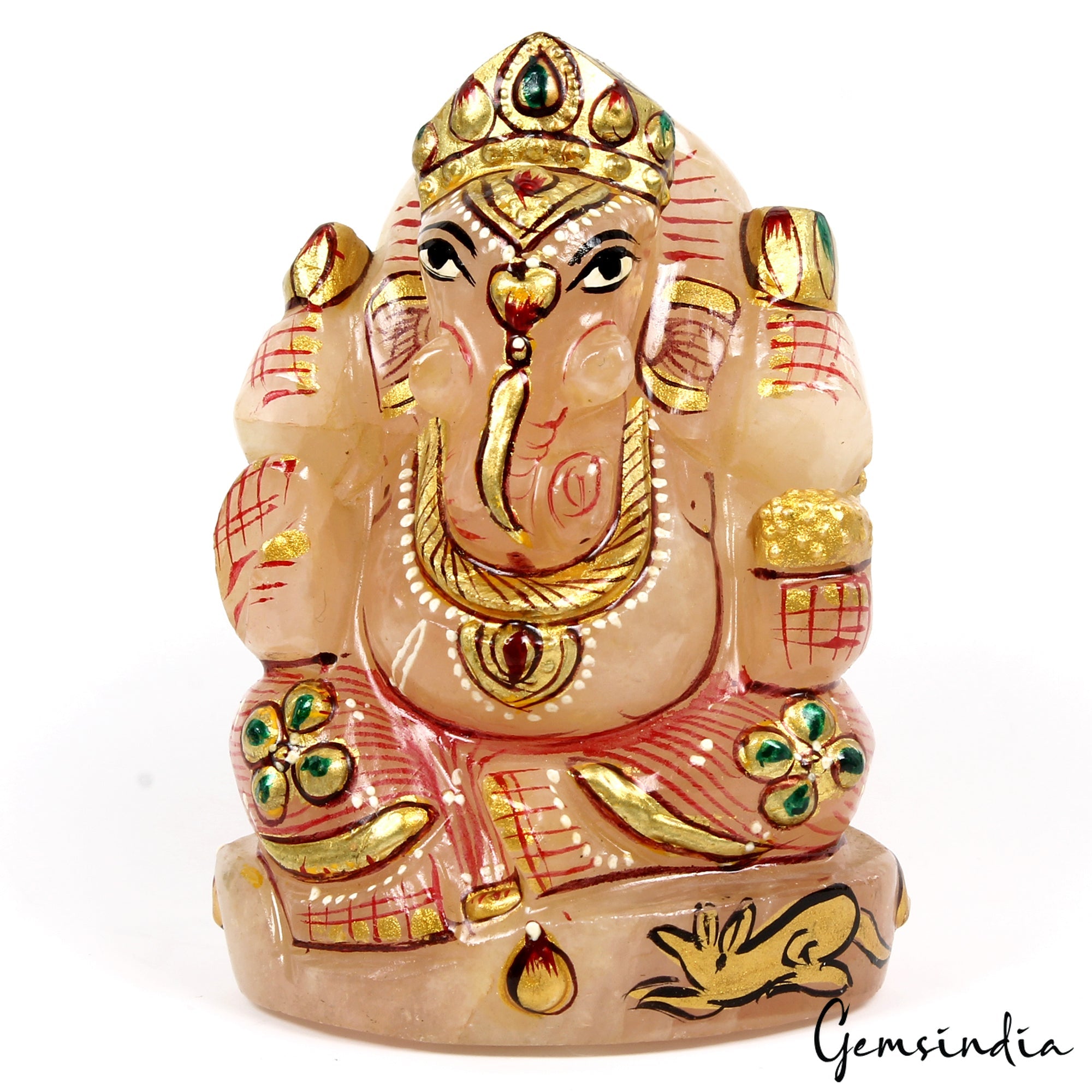 880 Cts Idol Statue Ganesha Natural Rose Quartz Stone God Hand Painted 2.7 in