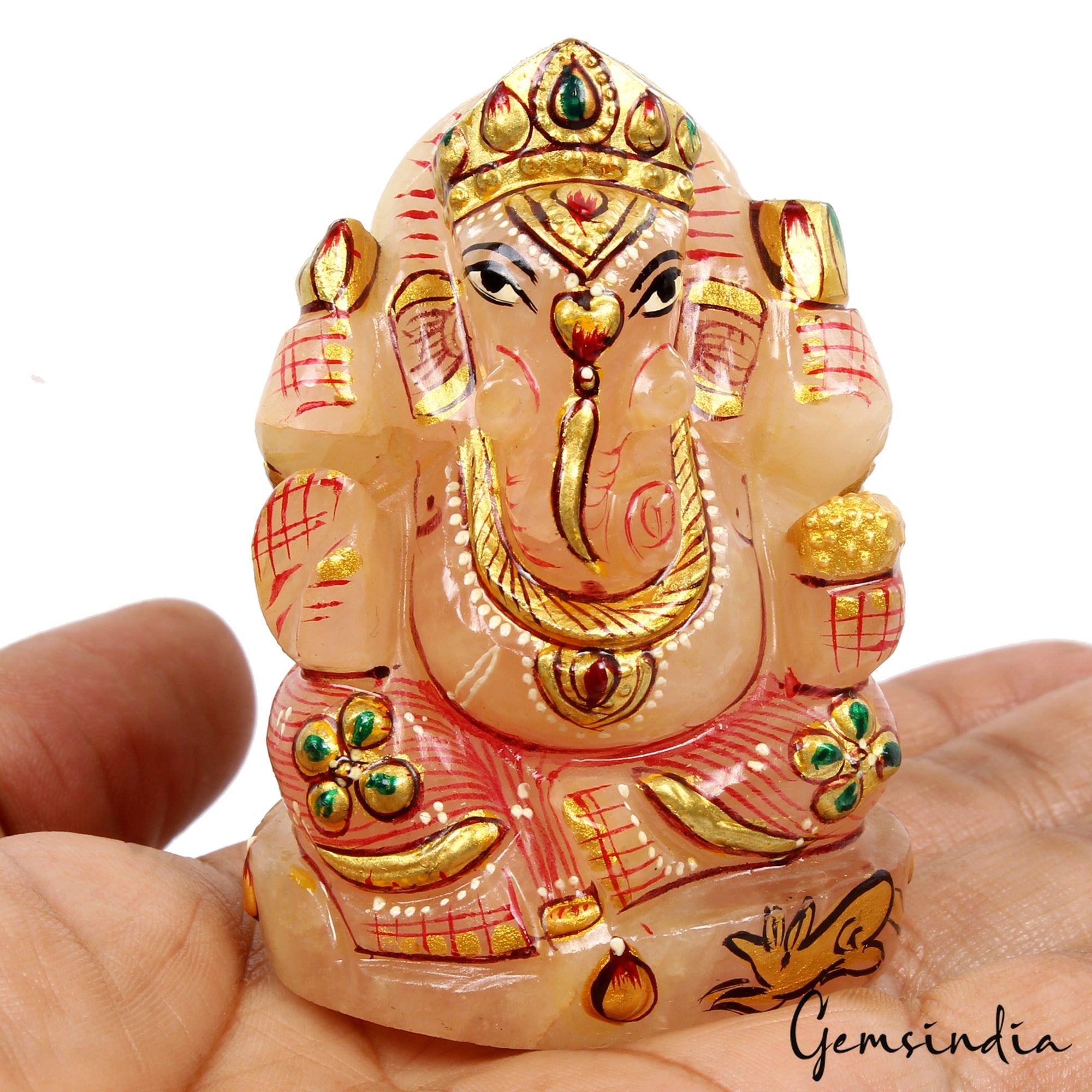 880 Cts Idol Statue Ganesha Natural Rose Quartz Stone God Hand Painted 2.7 in