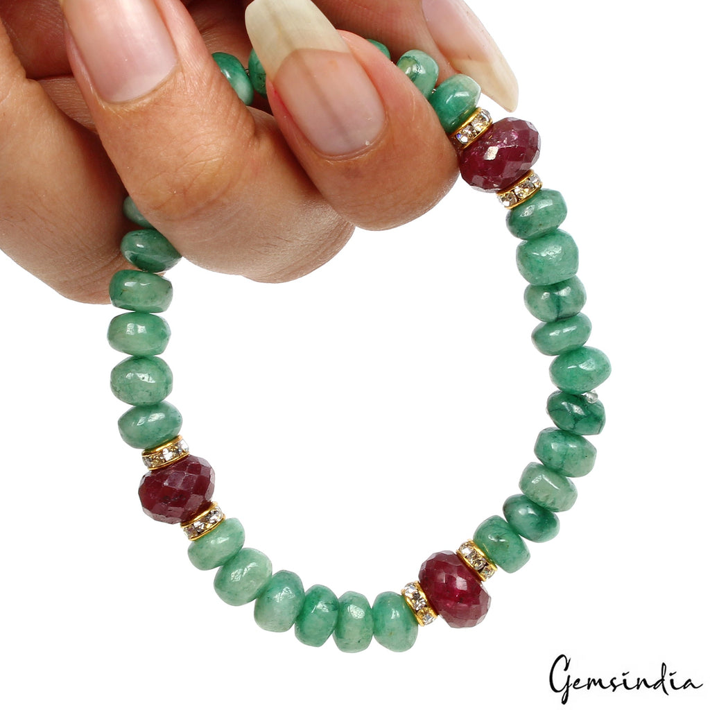 83.90 Cts Natural Ruby Emerald Round Cab Bead Handmade Stretchable Bracelet 6.5"