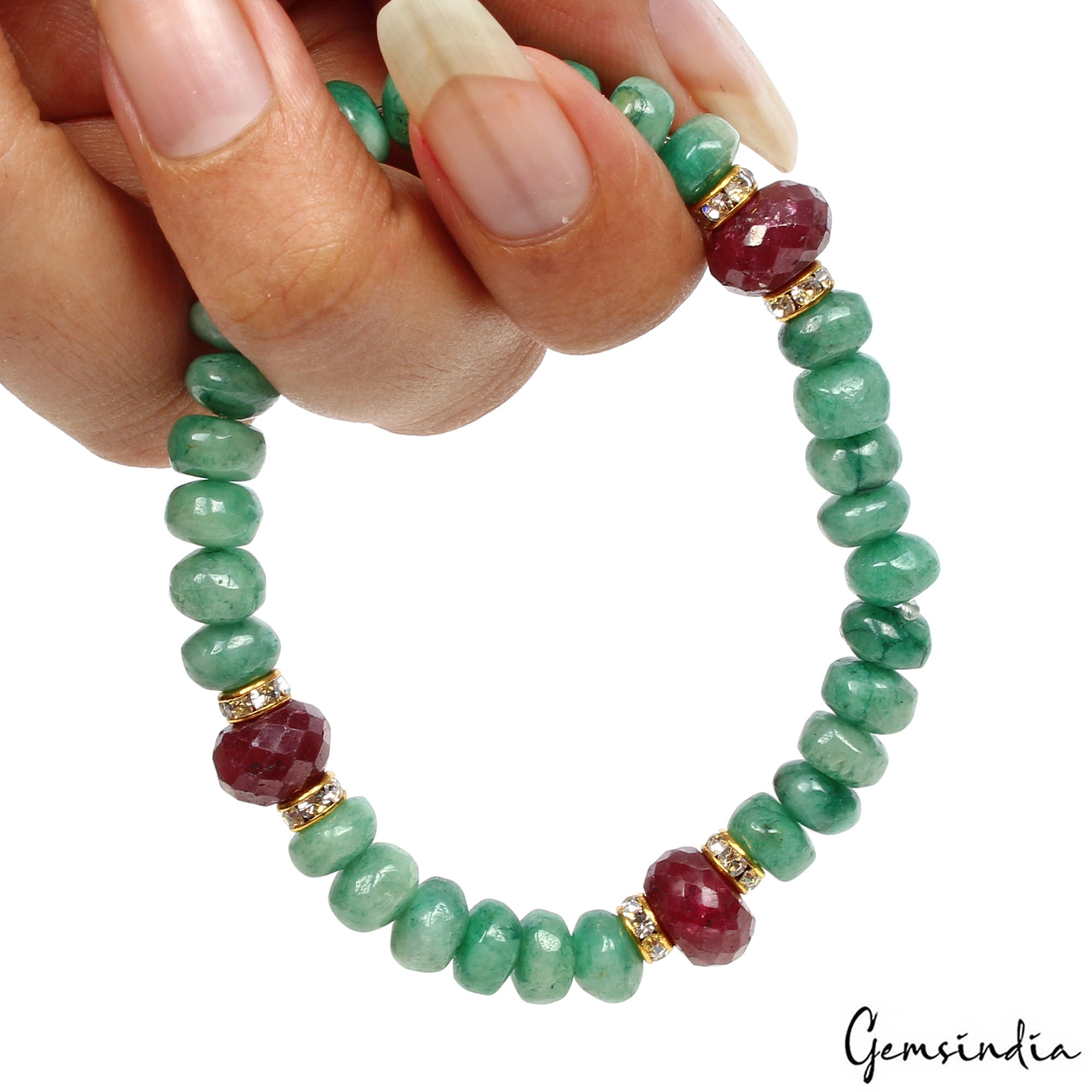 83.90 Cts Natural Ruby Emerald Round Cab Bead Handmade Stretchable Bracelet 6.5"