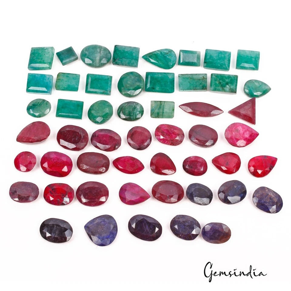 750 Ct/50 Pcs Natural Multi Color Emerald Ruby Sapphire Mixed Cut Loose Gems Lot