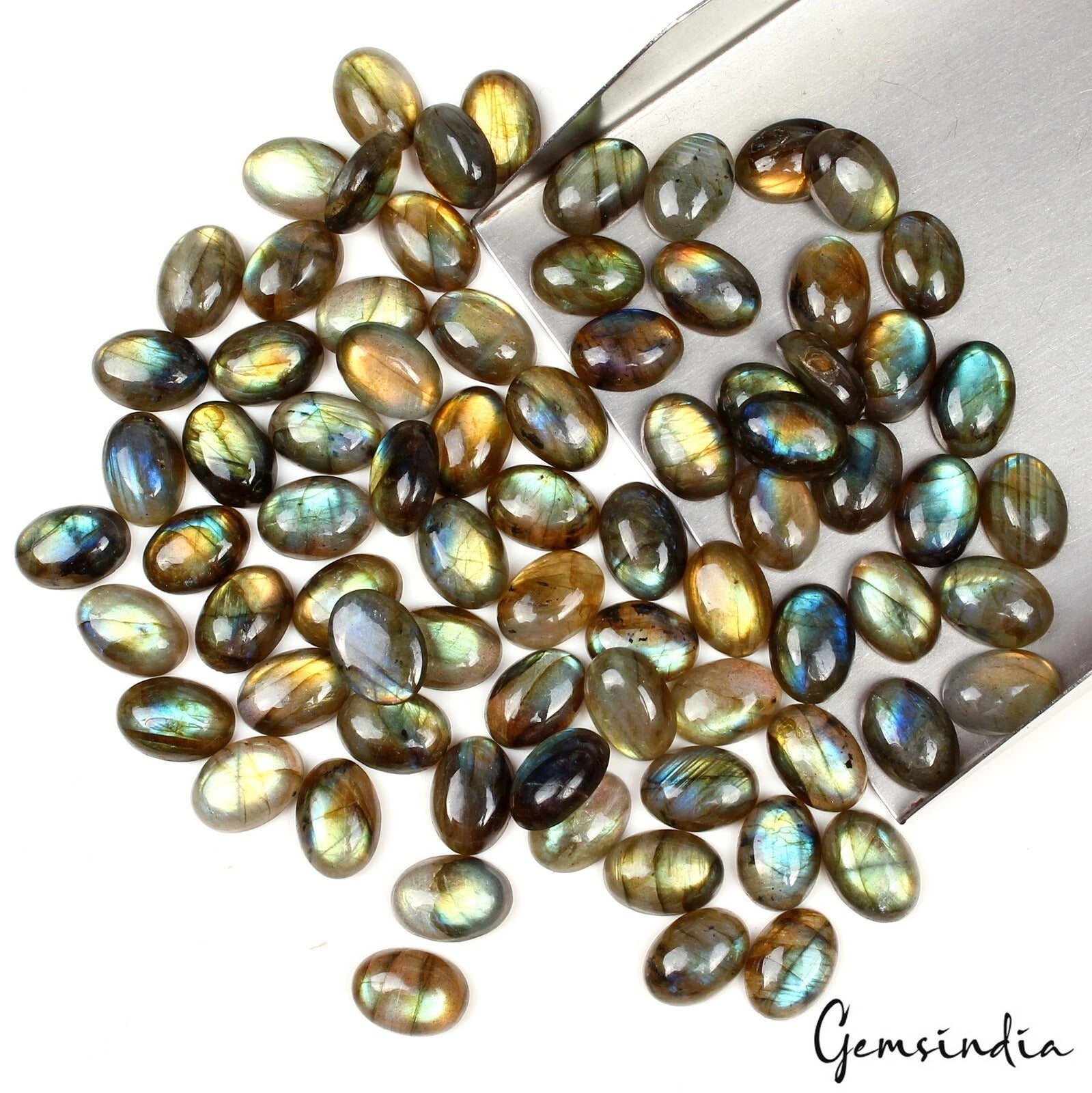 Labradorite Lot, Cabochon, Oval Cabochon — 77 Pieces, 14x10mm, 440 Ct