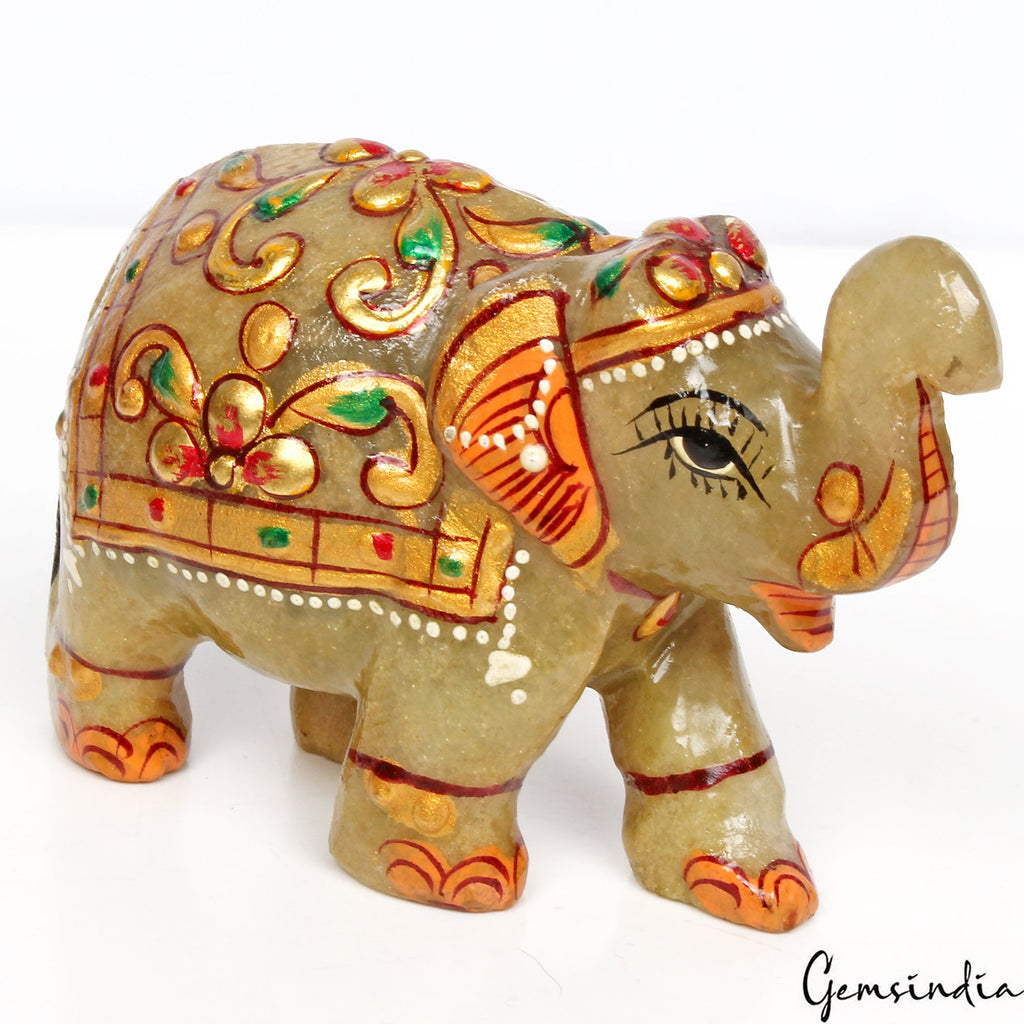 830 Ct Hand Crafted Gold Painted Trunk Up Elephant Natural Aventurine Sculpture
