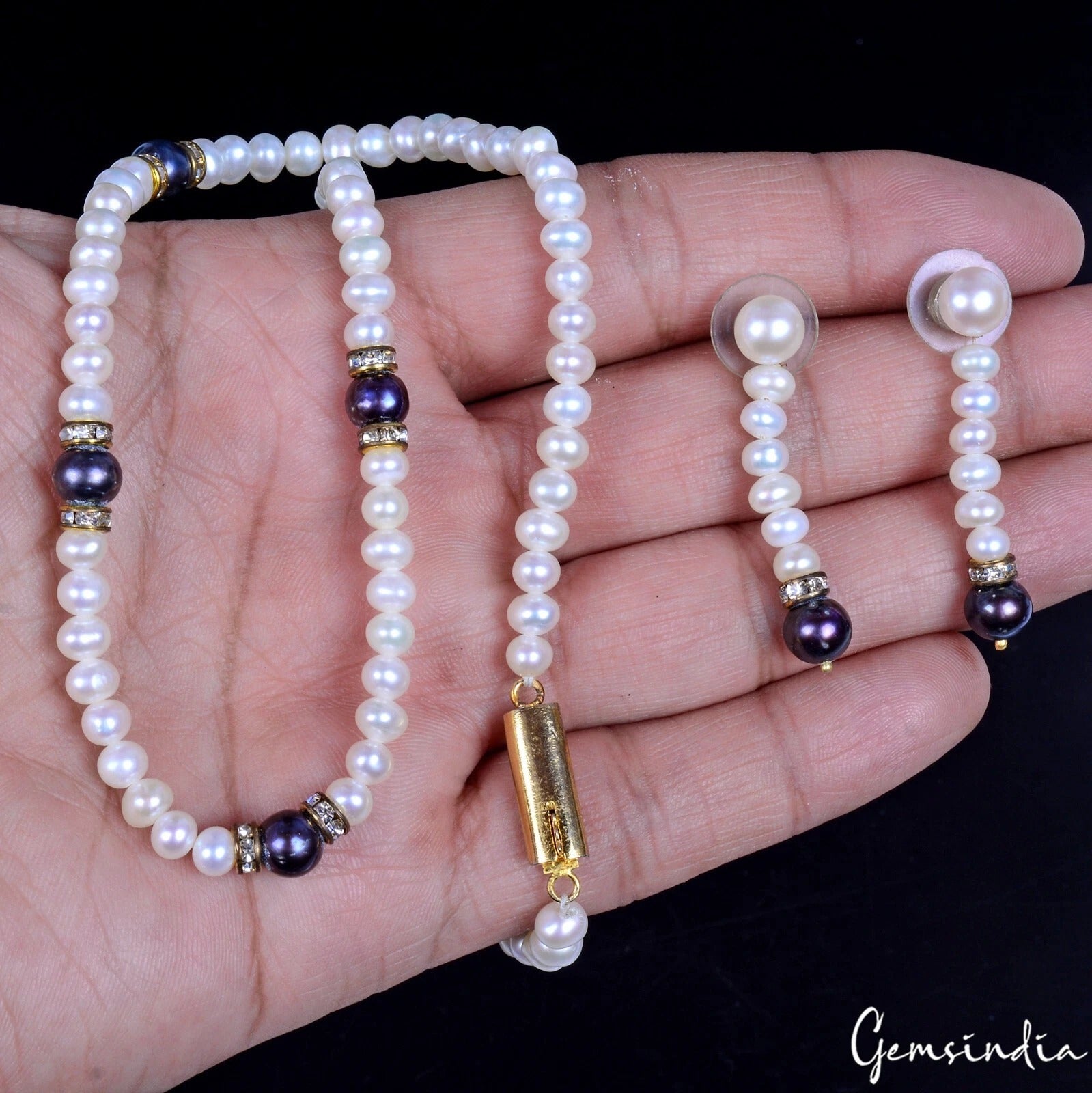 16" One Line Freshwater/Tahitian Pearl Beaded Handmade Necklace w/Drop Earrings